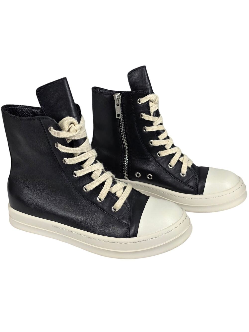 RICK OWENS DRKSHDW RAMONES BLACK LEATHER HIGH‑TOP SNEAKERS – SIZE 42 – SIDE ZIP